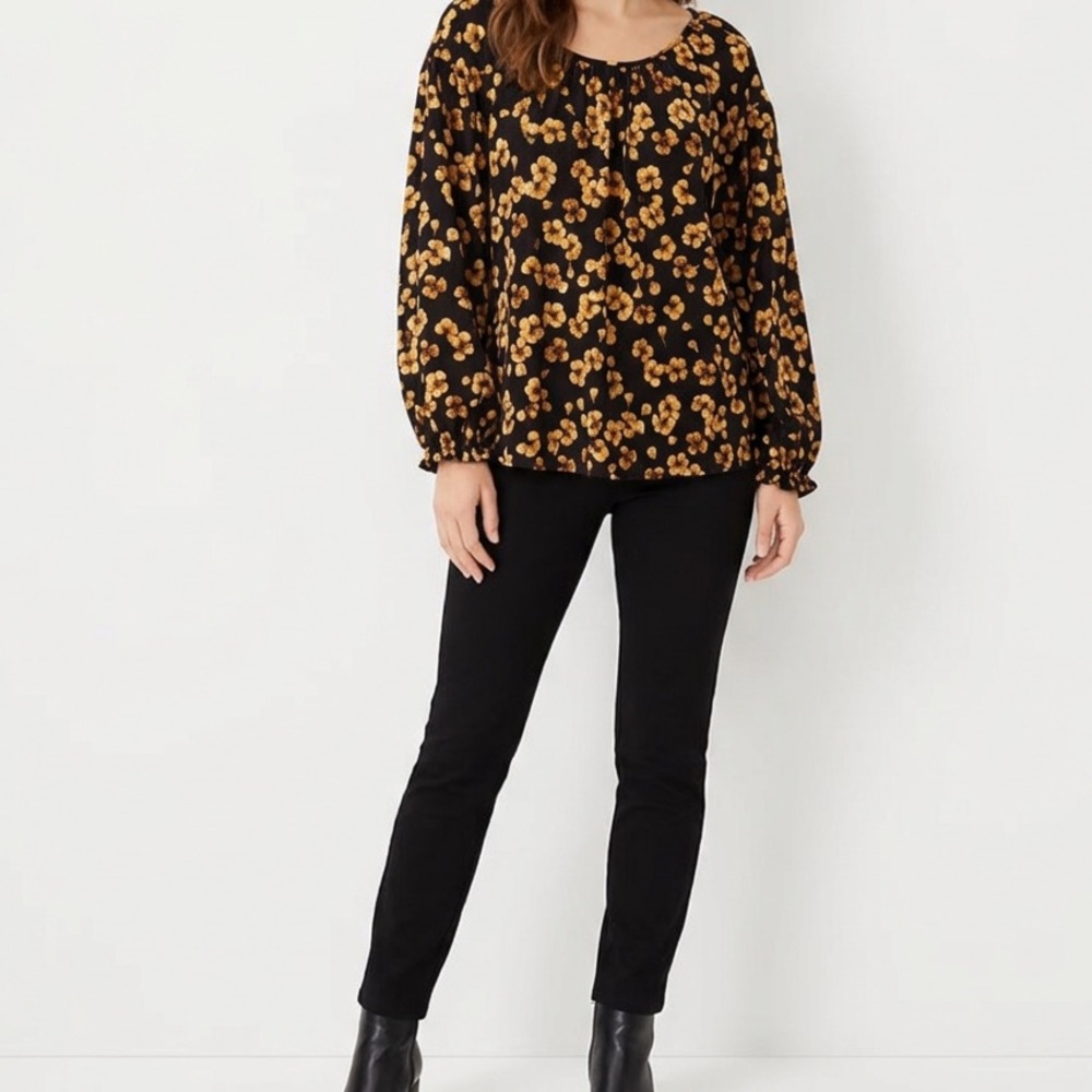 Ava & Viv Black Mustard Yellow Floral Long Sleeve Blouse Scoop Neck Plus Size❤️